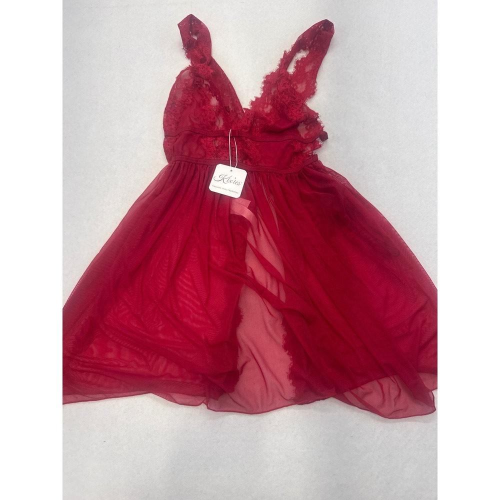 Kixies Red Lace Mesh Babydoll Chemise Lingerie Open Front L/XL NWT